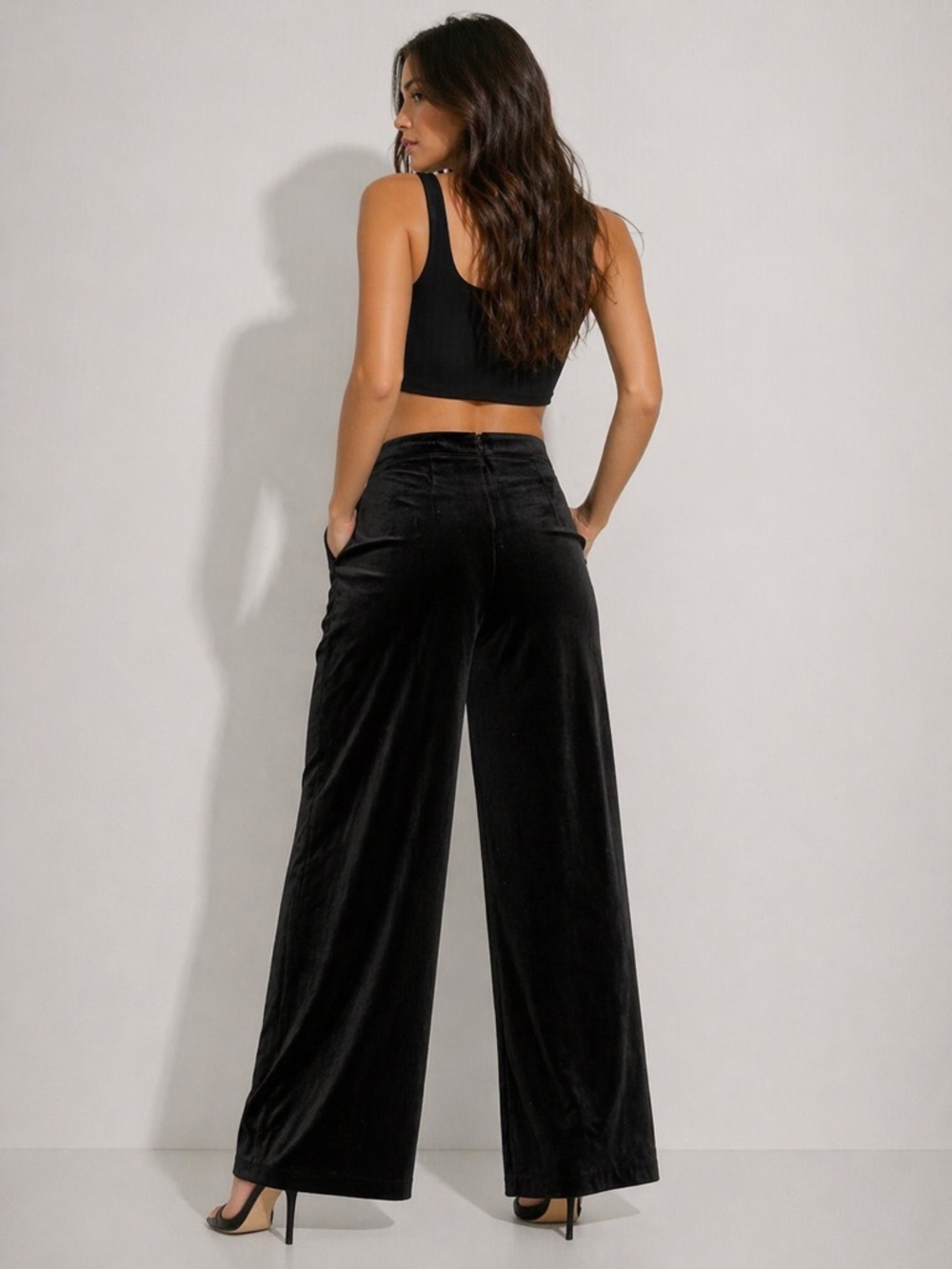 AKIRA Black Velvet Wide Leg Pants ✨ High Waist Flowy | Size M | Chic Lounge Glam - Picture 2 of 6